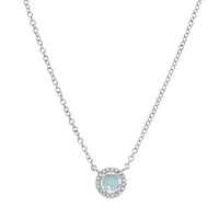 14K White Gold Round Aquamarine and Diamond Halo Pendant Necklace