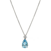 18K White Gold Pear Shape Aquamarine and Diamond Pendant Necklace
