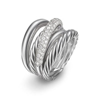 Crossover Five Row Ring Sterling Silver with Diamonds, 17.5mm