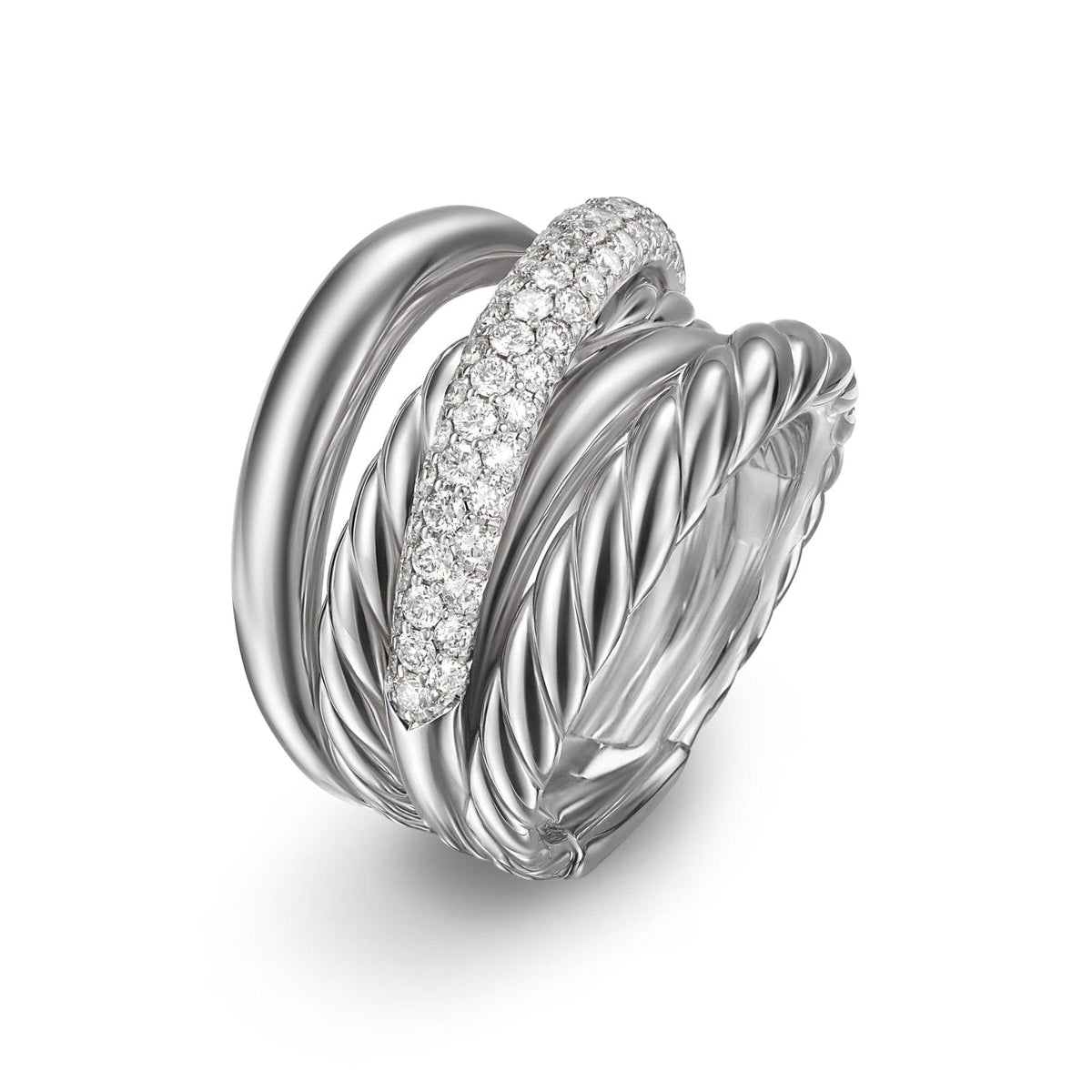 Crossover Five Row Ring Sterling Silver with Diamonds, 17.5mm