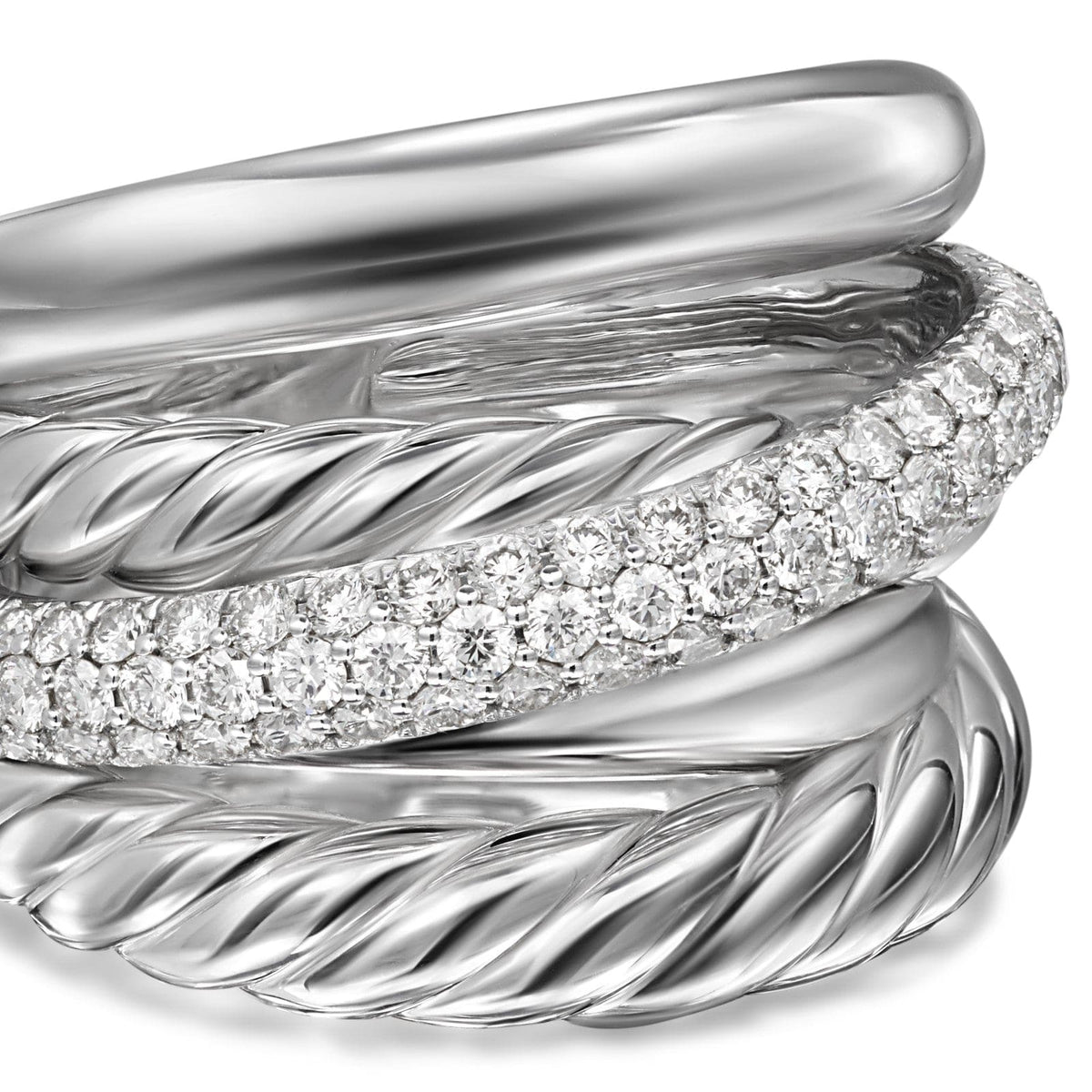 Crossover Five Row Ring Sterling Silver with Diamonds, 17.5mm