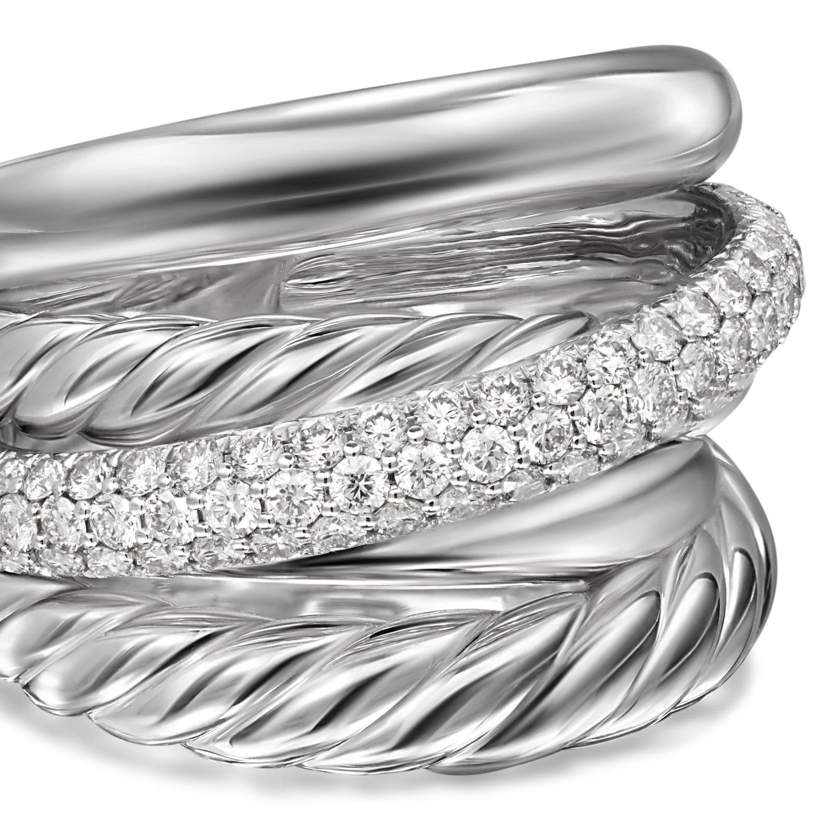 Crossover Five Row Ring Sterling Silver with Diamonds, 17.5mm