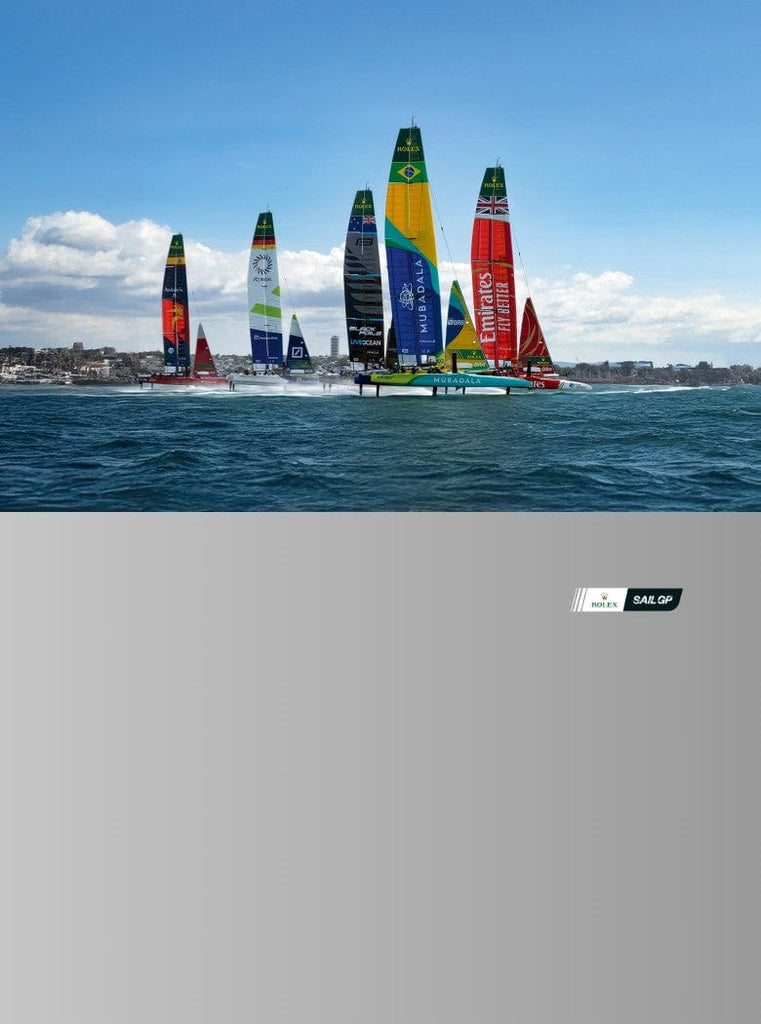 Sailboats with colorful sails on a body of water, featuring the SailGP logo.