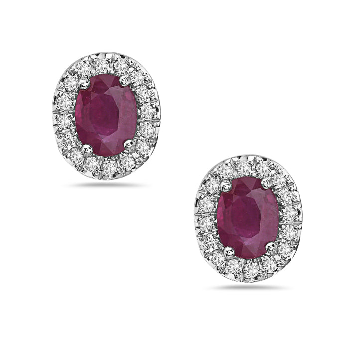 14K White Gold Ruby and Diamond Halo Stud Earrings