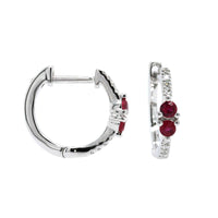 14K White Gold Diamond & Ruby Huggie Earrings