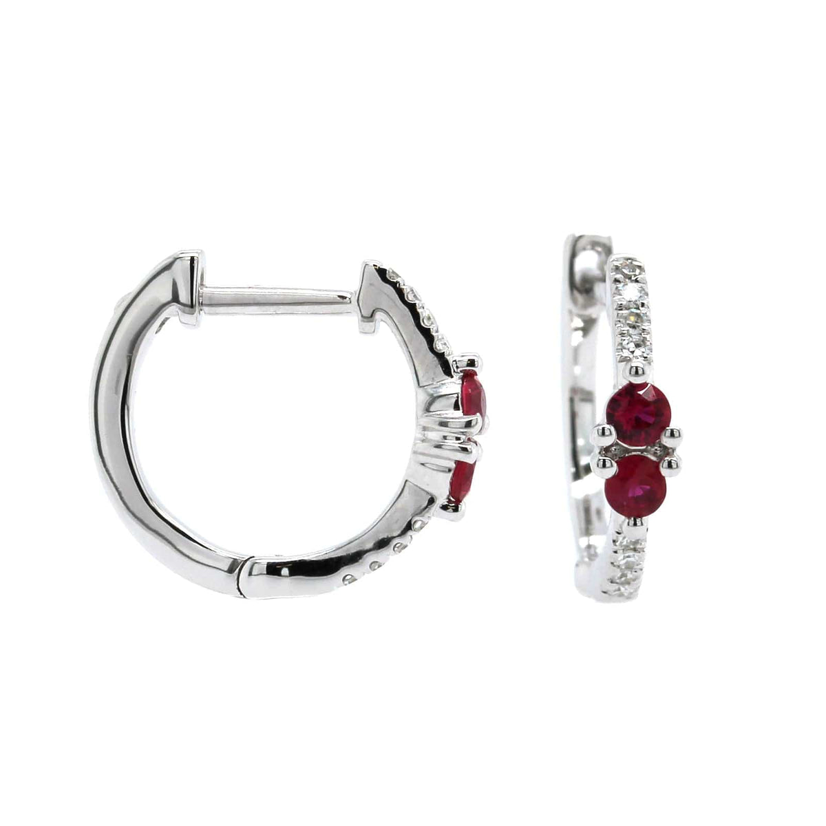14K White Gold Diamond & Ruby Huggie Earrings
