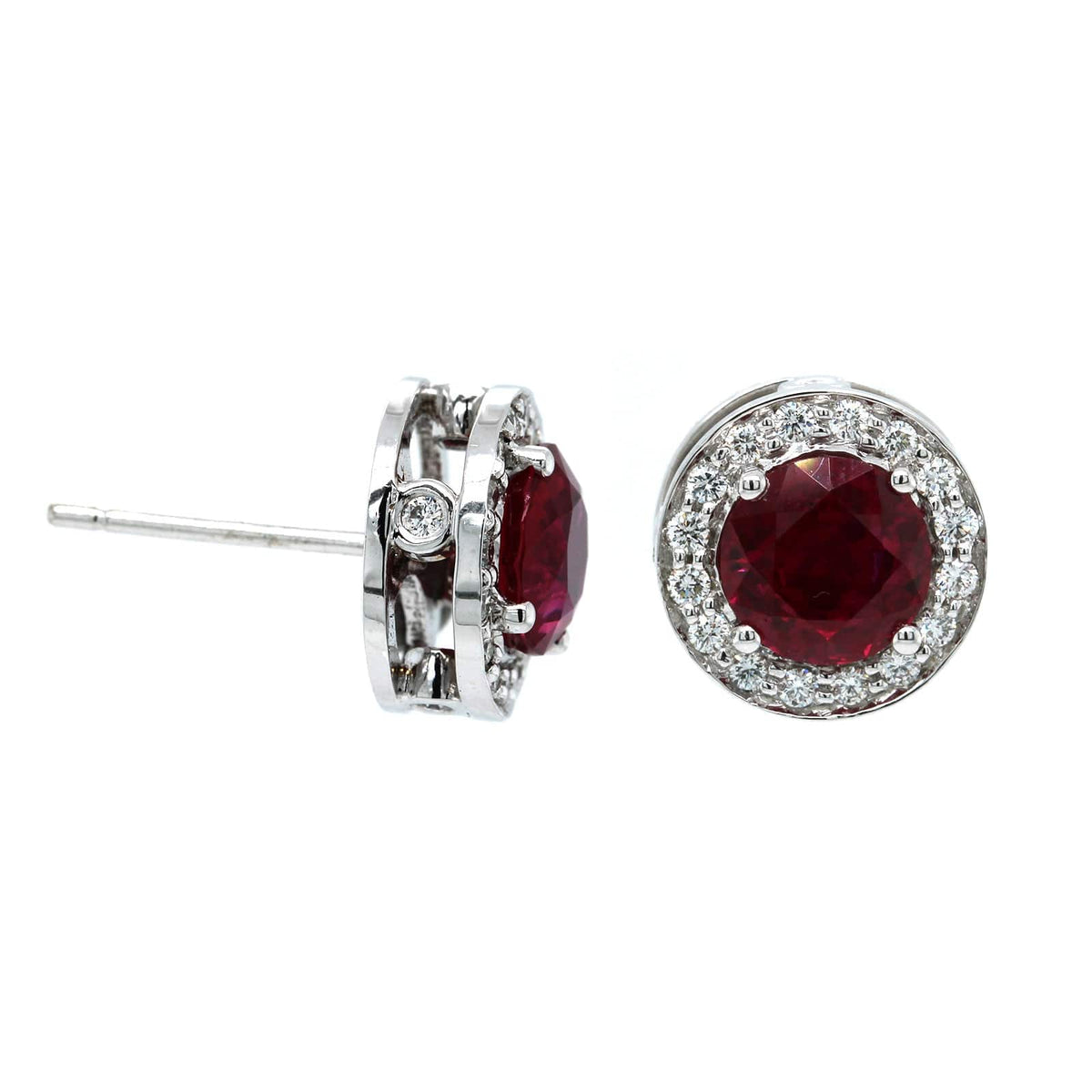 18K White Gold Ruby Diamond Halo Stud Earrings