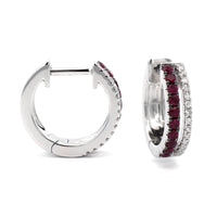 14K White Gold Two-Row Diamond and Ruby Huggie Earrings