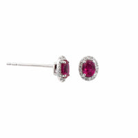 14K White Gold Diamond & Oval Ruby Stud Earrings