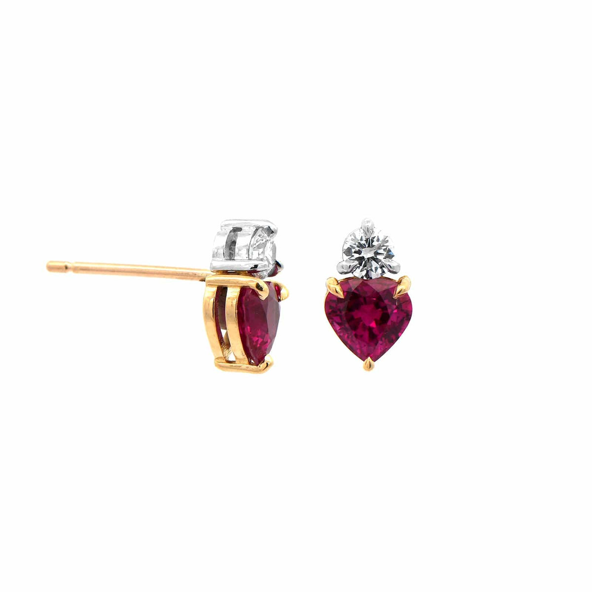 Platinum and 18K Yellow Gold Diamond & Heart Shaped Ruby Stud Earrings