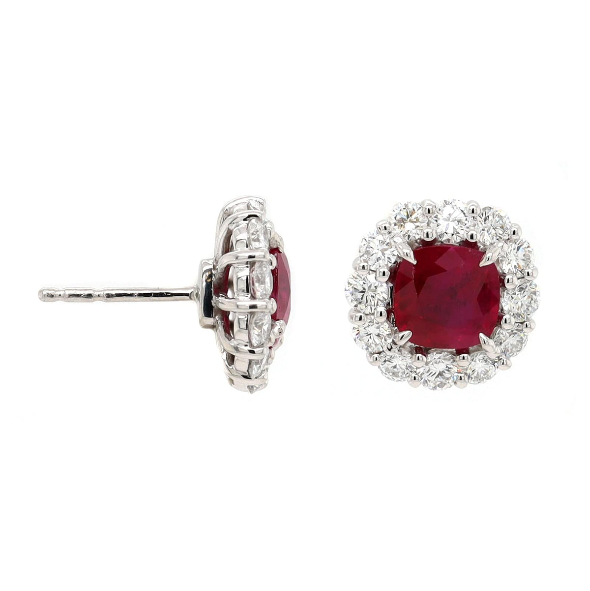 Platinum Cushion Cut Ruby and Diamond Halo Stud Earrings