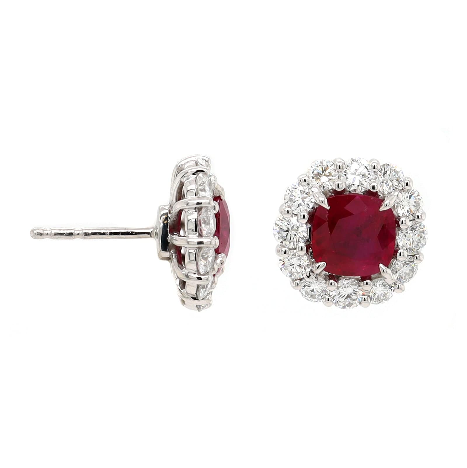 Platinum Cushion Cut Ruby and Diamond Halo Stud Earrings