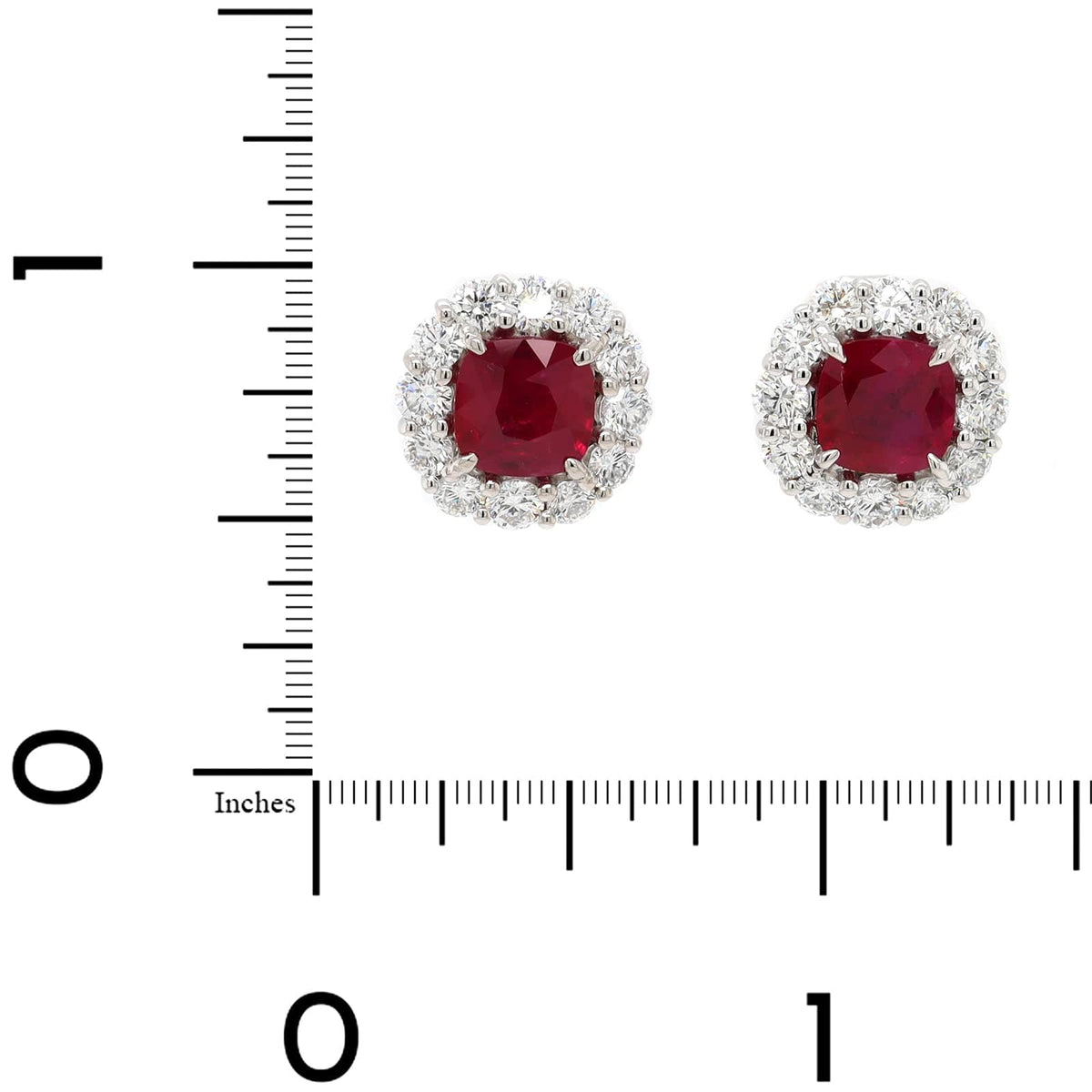Platinum Cushion Cut Ruby and Diamond Halo Stud Earrings