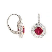 Platinum and 18K Yellow Gold Round Ruby and Diamond Halo Stud Earrings