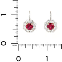 Platinum and 18K Yellow Gold Round Ruby and Diamond Halo Stud Earrings