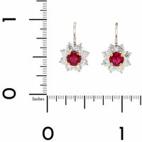 Platinum and 18K Yellow Gold Round Ruby and Diamond Halo Dangle Earrings