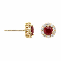 18K Yellow Gold Round Ruby and Diamond Halo Stud Earrings