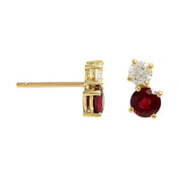 18K Yellow Gold 2 Stone Diamond and Ruby Stud Earrings