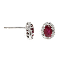 18K White Gold Oval Ruby and Diamond Halo Stud Earrings