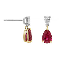 18K Yellow Gold and Platinum 2 Stone Diamond and Pear Shaped Ruby Drop Earrings