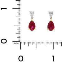 18K Yellow Gold and Platinum 2 Stone Diamond and Pear Shaped Ruby Drop Earrings