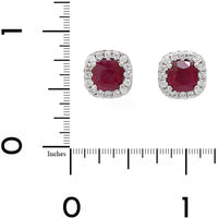 18K White Gold Cushion Shaped Ruby and Diamond Halo Stud Earrings