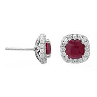 18K White Gold Cushion Shaped Ruby and Diamond Halo Stud Earrings