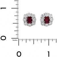 Bayco Platinum Emerald Cut Ruby and Round Diamond Halo Stud Earrings