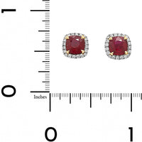 Platinum and 18K Yellow Gold Cushion Shaped Ruby and Diamond Halo Stud Earrings