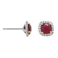 Platinum and 18K Yellow Gold Cushion Shaped Ruby and Diamond Halo Stud Earrings
