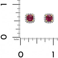 Platinum and 18K Yellow Gold Cushion Shaped Ruby and Diamond Halo Stud Earrings