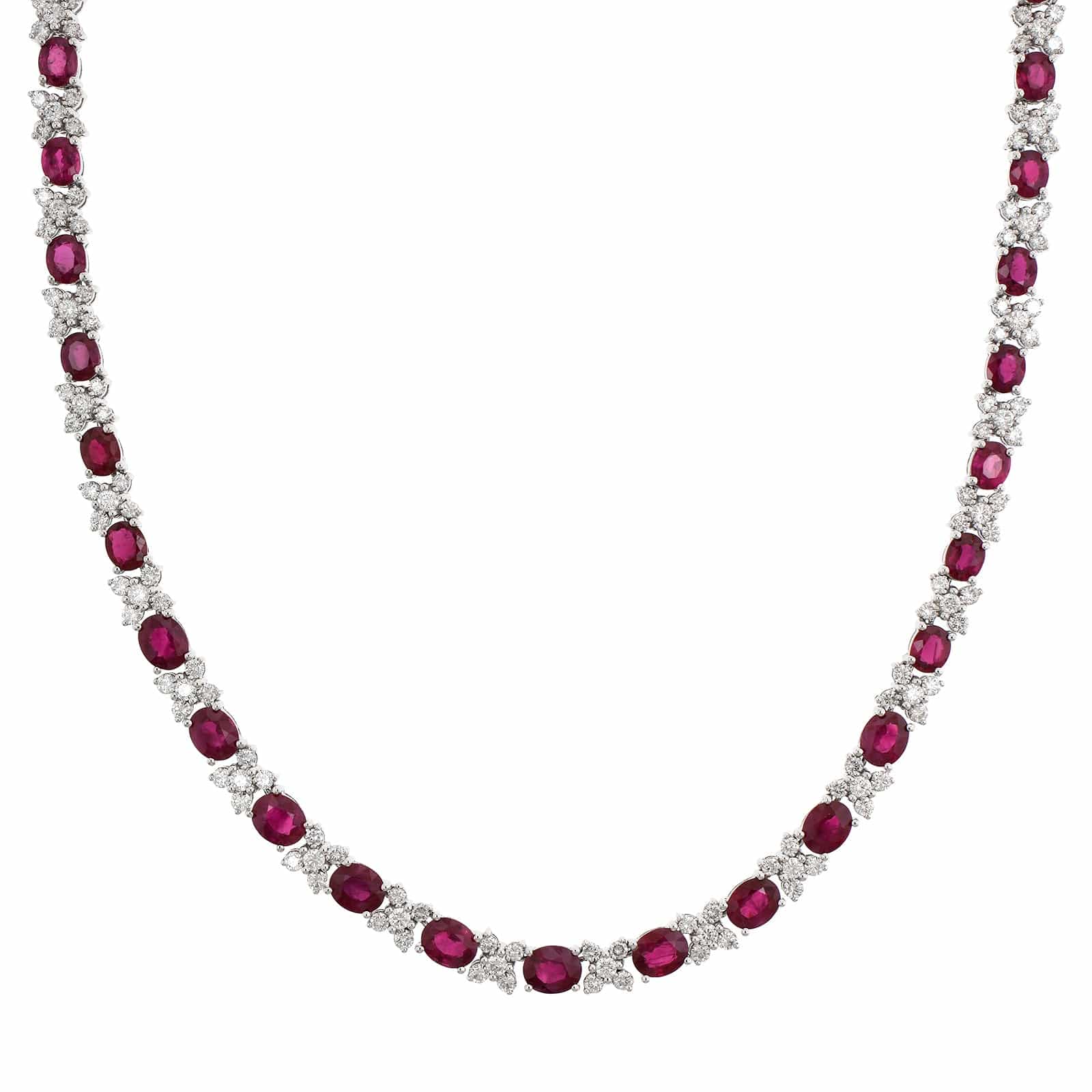 18K White Gold Oval Ruby and Diamond Necklace
