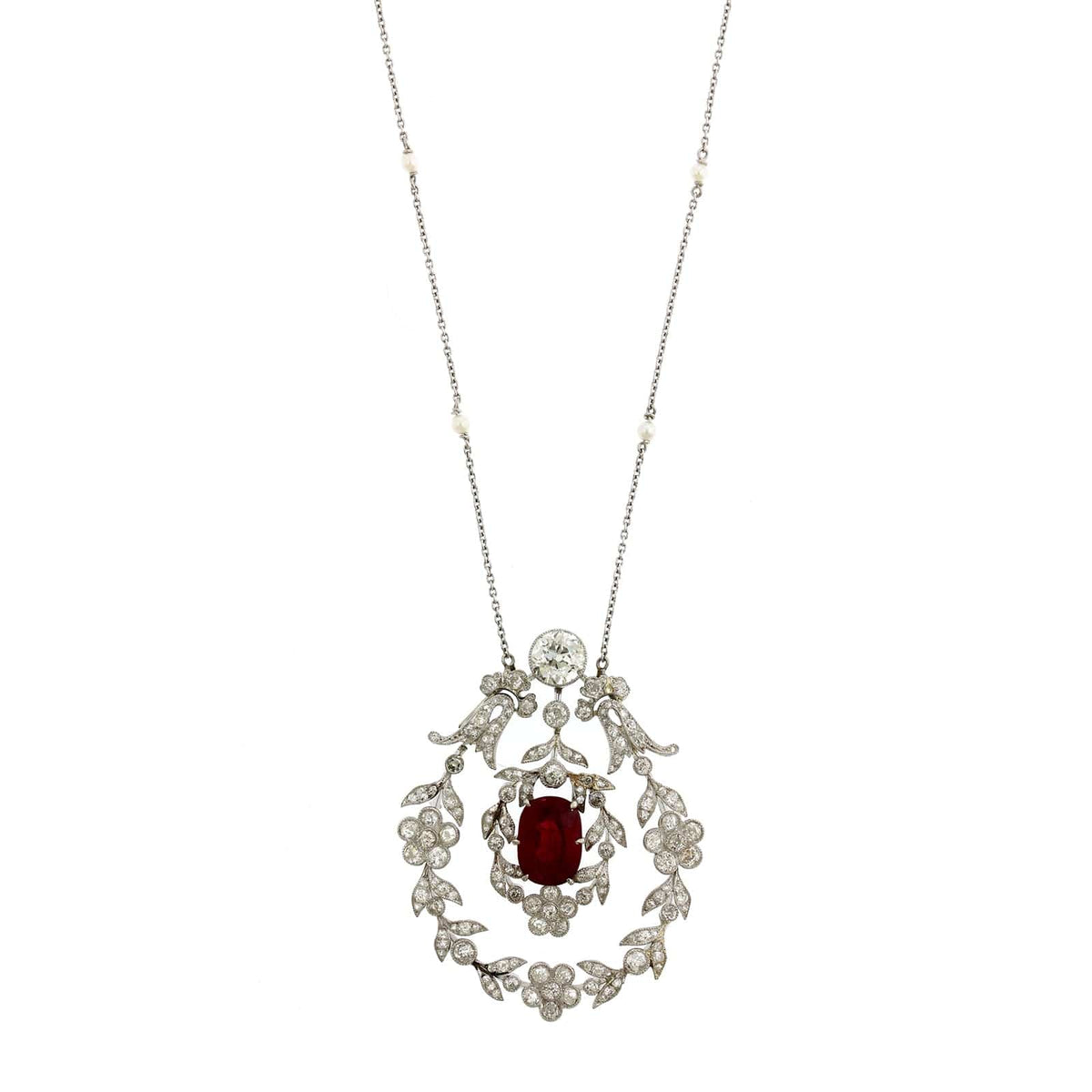 Platinum Vintage Set Ruby & European Diamond Necklace