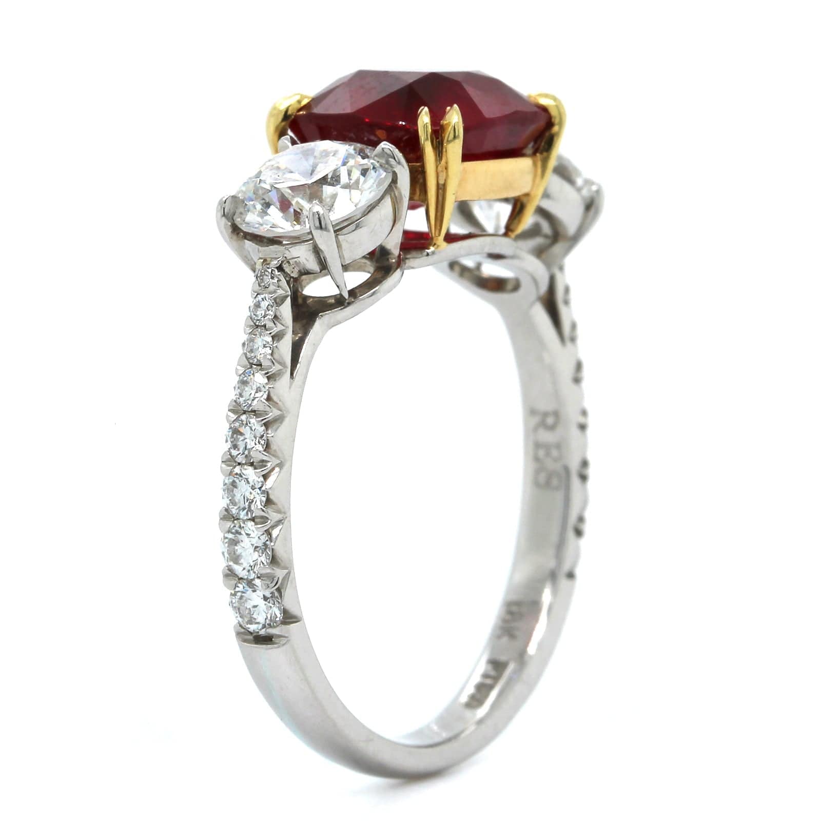 Platinum and 18K Yellow Gold Ruby and Diamond 3 Stone Ring
