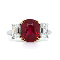 Platinum Cushion Cut Ruby Diamond 3 Stone Ring