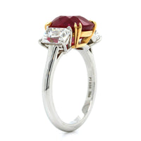 Platinum Cushion Cut Ruby Diamond 3 Stone Ring