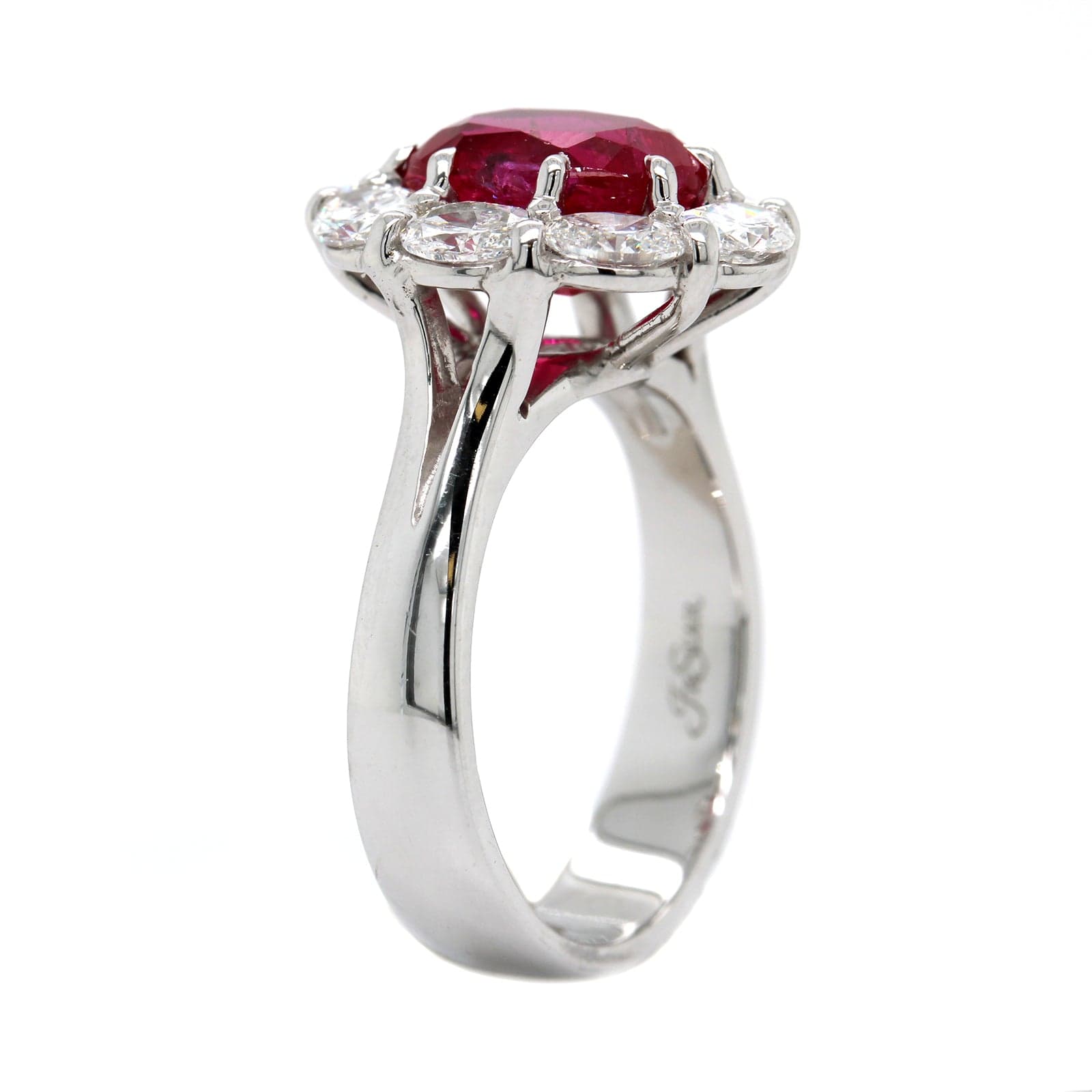 Platinum Oval Ruby and Diamond Halo Ring