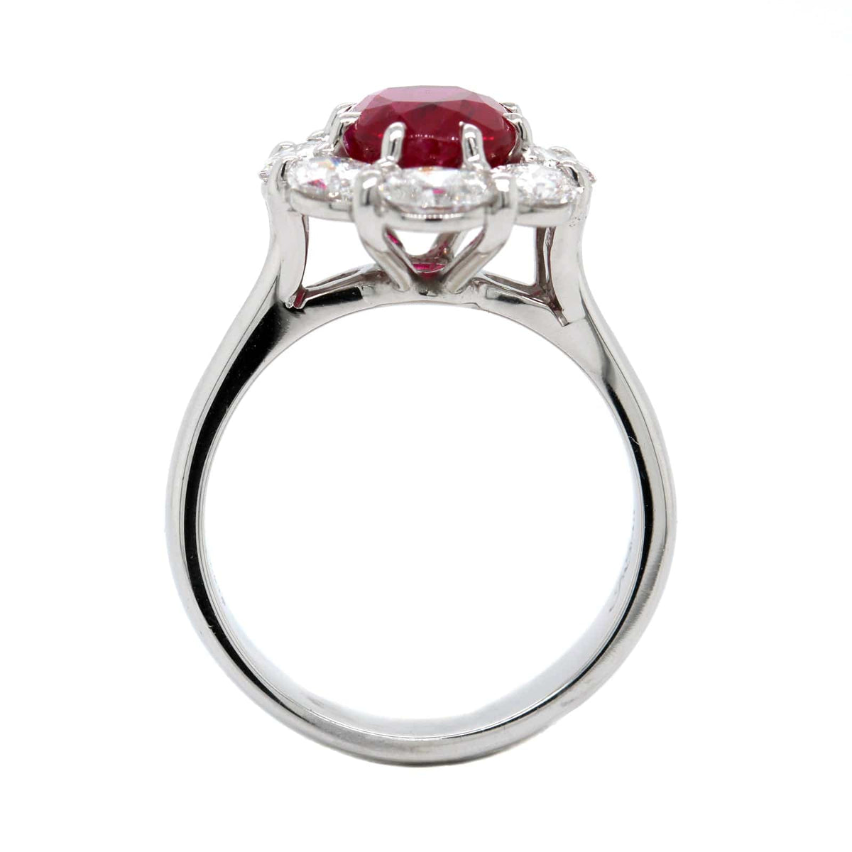 Platinum Oval Ruby and Diamond Halo Ring