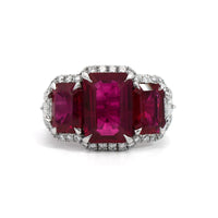 Bayco Platinum Emerald Cut Ruby and Diamond Halo 3 Stone Ring