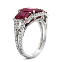 Bayco Platinum Emerald Cut Ruby and Diamond Halo 3 Stone Ring