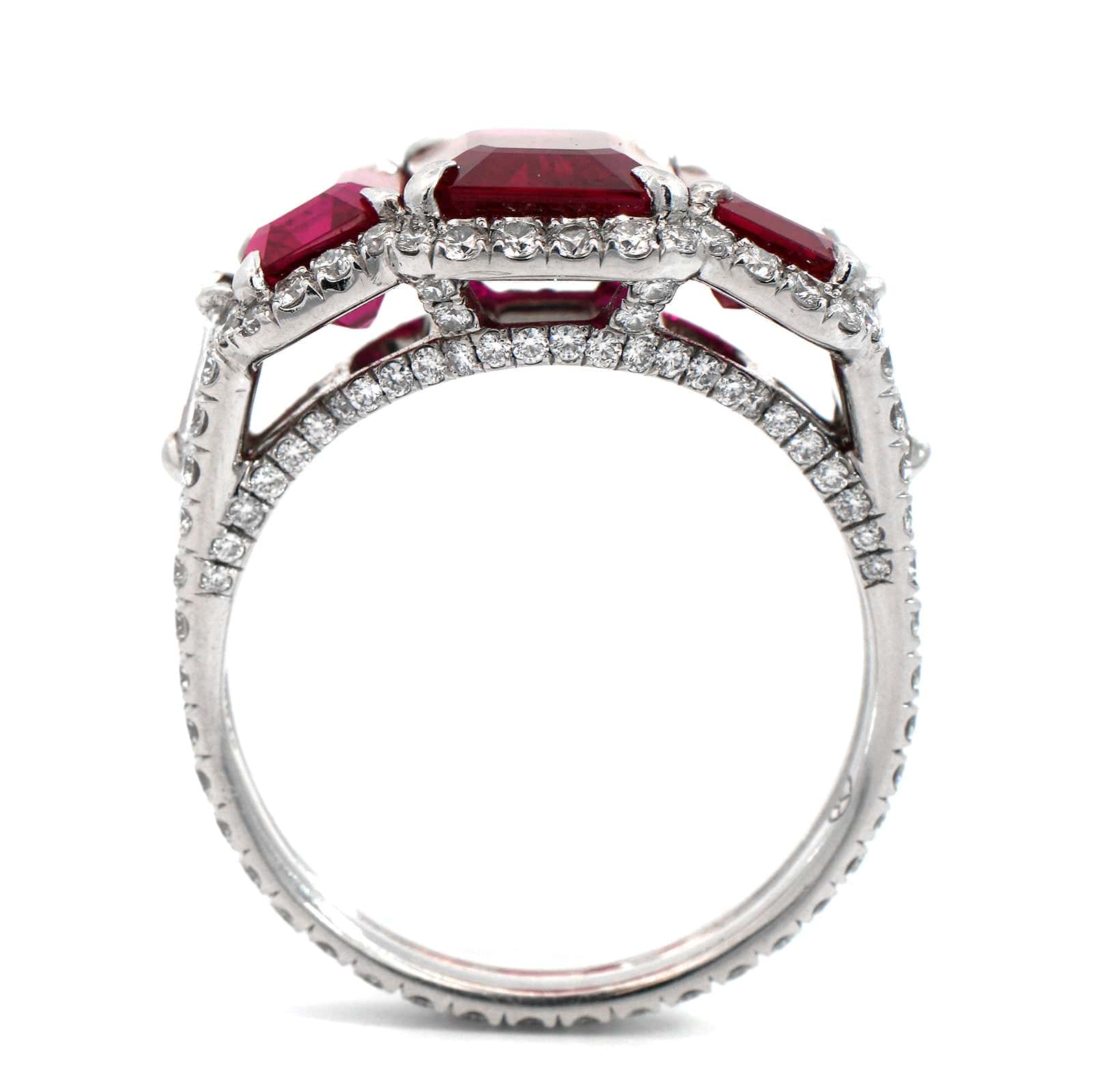 Bayco Platinum Emerald Cut Ruby and Diamond Halo 3 Stone Ring
