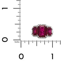 Bayco Platinum Emerald Cut Ruby and Diamond Halo 3 Stone Ring