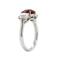 Platinum Cushion Cut Ruby and Diamond 3 Stone Ring
