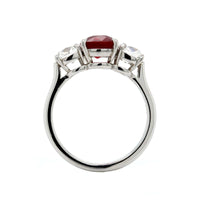 Platinum Cushion Cut Ruby and Diamond 3 Stone Ring