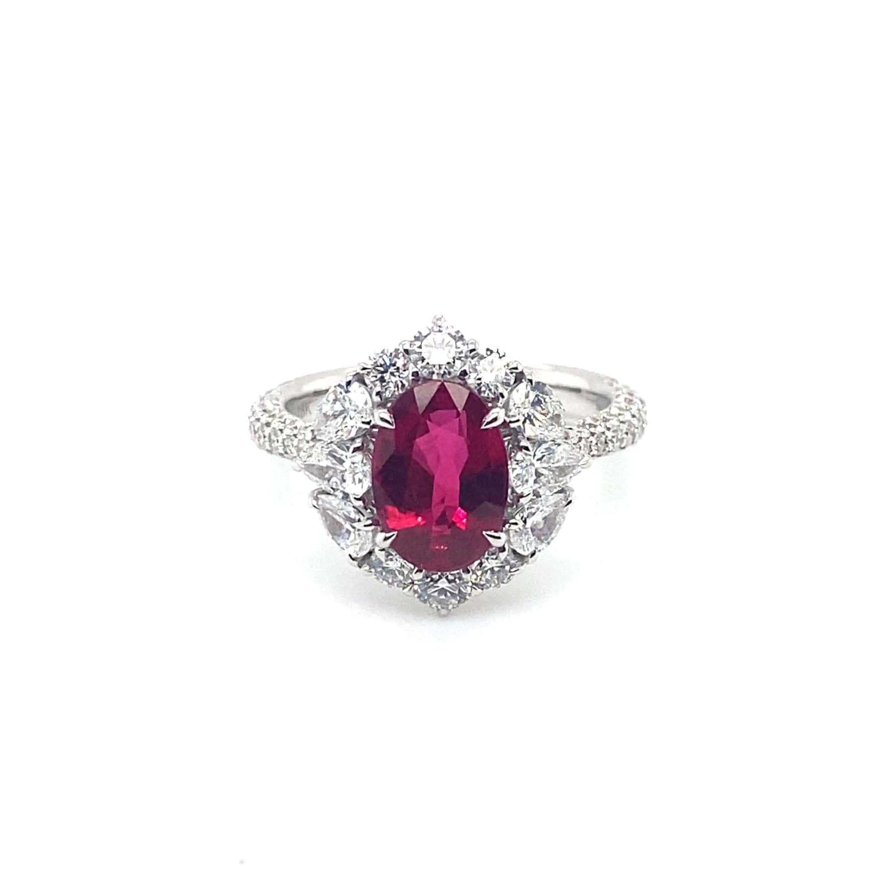 18K White Gold Oval Ruby and Diamond Halo Ring