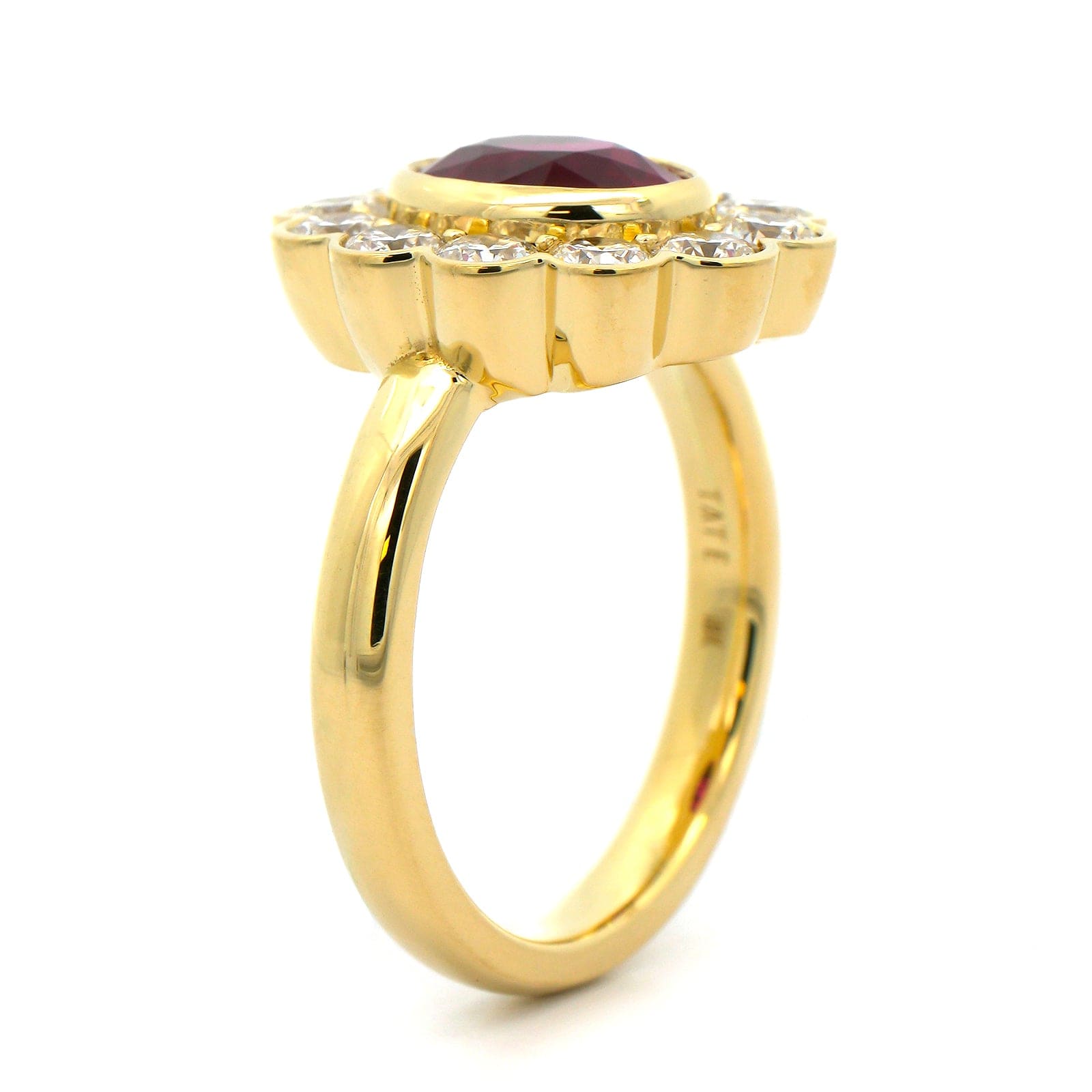 18K Yellow Gold Bezel Set Ruby and Diamond Halo Ring – Long's Jewelers