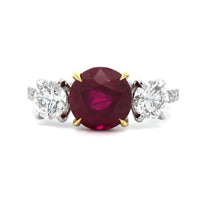 Platinum and 18K Yellow Gold Round Ruby and Diamond 3 Stone Ring