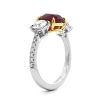 Platinum and 18K Yellow Gold Round Ruby and Diamond 3 Stone Ring