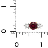 Platinum and 18K Yellow Gold Round Ruby and Diamond 3 Stone Ring