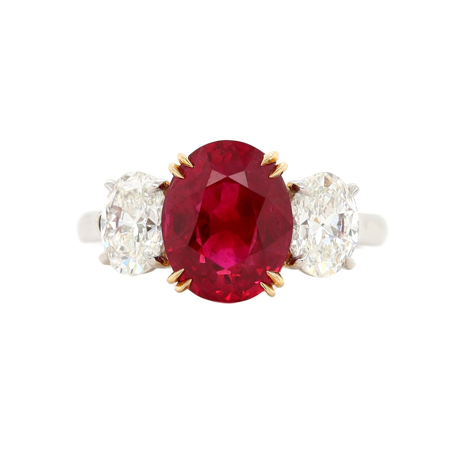 Platinum and 18K Yellow Gold Oval Ruby & Diamond Three Stone Ring ...